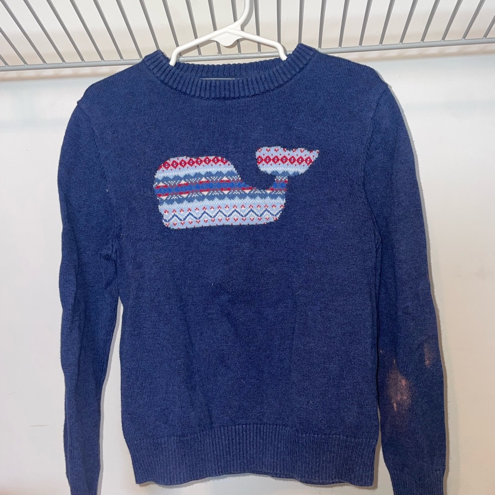 Vineyard Vines Blue and Red Knit Sweater with Whale Graphic